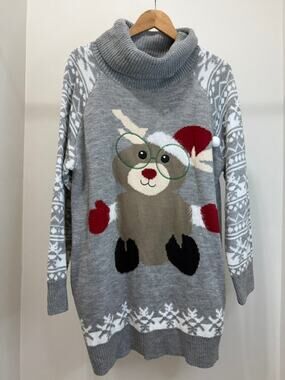 Holiday Reindeer Sweater Gray Fair Isle Cowl Neck SzL